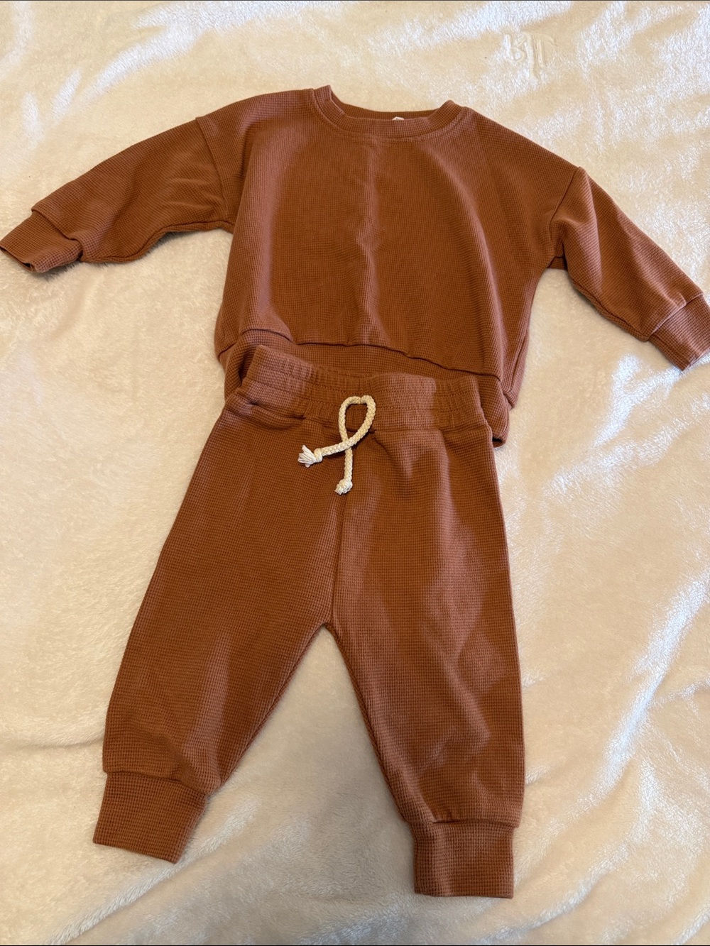 Kids Cozy Waffle Jogger Set - brown